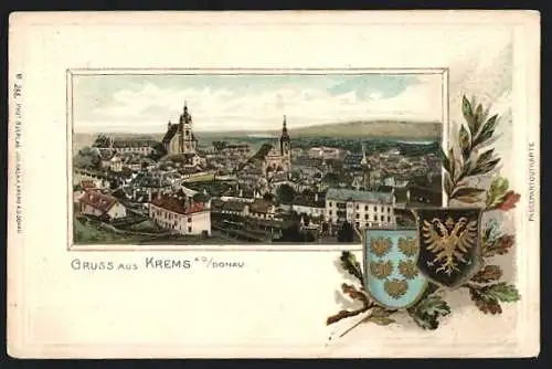 Passepartout-Lithographie Krems, Gesamtansicht, Wappen