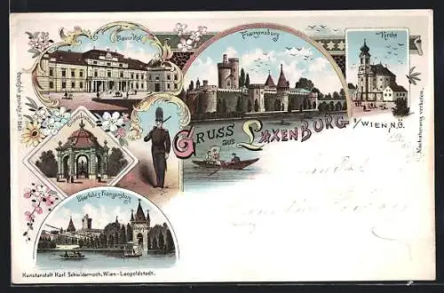 Lithographie Laxenburg, Gasthaus Blauer Hof, Grünes Lusthaus, Kirche, Restauration Hartmann