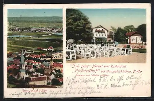 AK Gumpoldskirchen, J. L. Fritz`s Meierei und Restaurant Richardhof, Blick auf den Ort