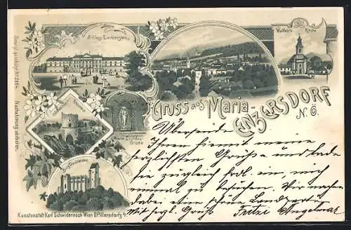 Lithographie Maria-Enzersdorf /N.Ö., Schloss Liechtenstein, Schwarzer Turm, Wallfahrtskirche