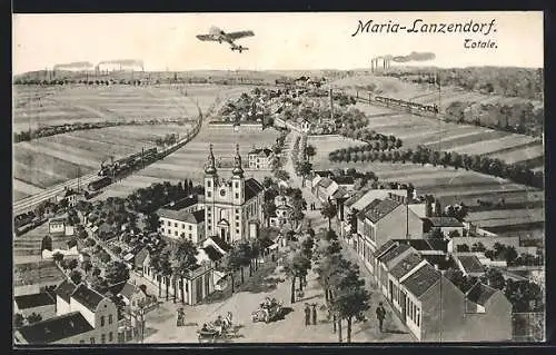 Künstler-AK Maria-Lanzendorf, Ortsansicht aus der Vogelschau mit Flugzeug, Eisenbahn und Autos