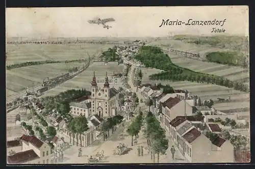 AK Maria-Lanzendorf, Totalansicht mit Flugzeug über der Kirche