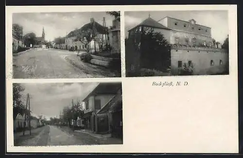 AK Bockfliess, Strassenpartie mit Warenhaus Benesch, Schloss, Ort mit historischem Pranger