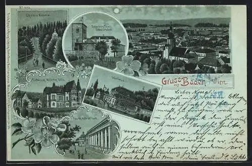 Mondschein-Lithographie Baden b. Wien, Cholera Kapelle, Schutzhaus Eisernes Thor, Frauen & Josefbad