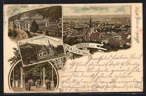 Lithographie Baden b. Wien, Kursalon, Villa Erzherzog Wilhelm