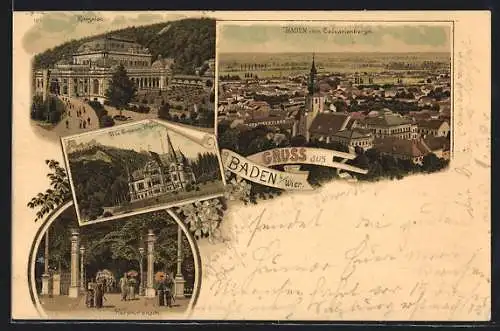 Lithographie Baden /Wien, Ortsansicht vom Calvarienberg, Kursalon, Villa Erzherzog Wilhelm, Kurpromenade