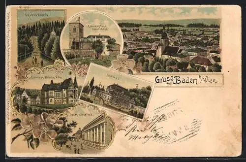 Lithographie Baden, Erzherzog Wilhelm Villa, Kurhaus, Cholera-Kapelle
