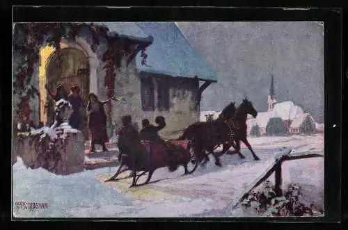 Künstler-AK Alexander Kircher: Pferdeschlitten im Schnee