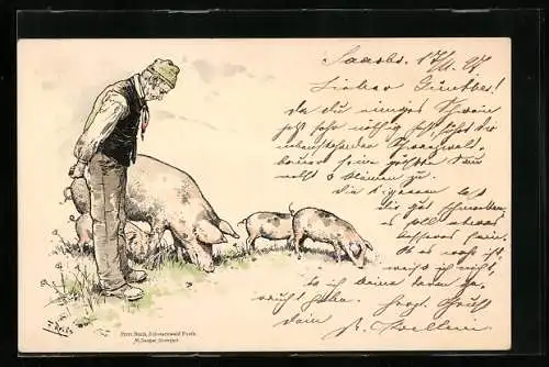 Künstler-AK Fritz Reiss: Bauer mit Schwein und Ferkeln