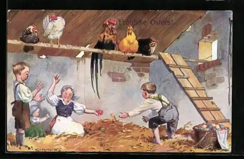 Künstler-AK Siegmund von Suchodolski: Ostergruss Karte, spielende Kinder im Hühnerstall