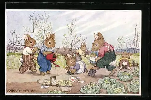 Künstler-AK Margaret Tempest: Hasen bei der Gartenarbeit