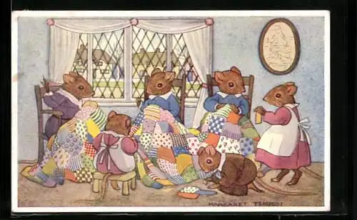 Künstler-AK Margaret Tempest: Vermenschlichte Mäusefamilie bei der Handarbeit
