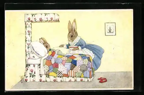 Künstler-AK sign. Margaret Tempest: Hasenmutter füttert krankes Kind im Bett mit Suppe