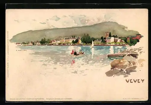 Künstler-AK Fritz Voellmy: Vevey, Ruderer auf dem See