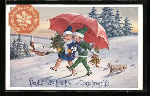 Künstler-AK Kränzle: Weihnachts- & Neujahrsgruss, Kinder spazieren im Winter, Hund