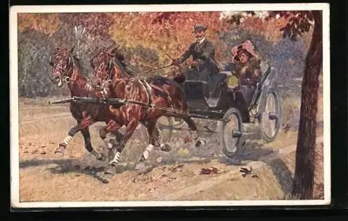 Künstler-AK Ludwig Koch: Fahrt mit einer Pferdekutsche im Herbst