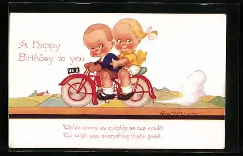 Künstler-AK Vera Paterson: Kinder auf Motorrad mit Geburtstagswünschen