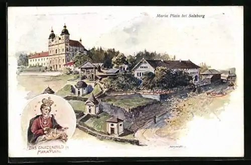 Künstler-AK Franz Kulstrunk: Maria Plain, Blick zur Wallfahrtskirche, Gnadenbild