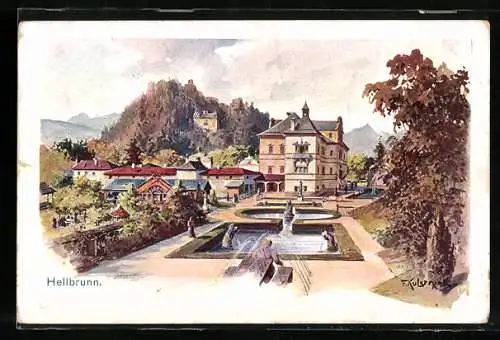 Künstler-AK Franz Kulstrunk: Hellbrunn, Blick auf den Schlossplatz