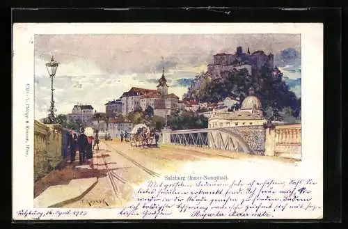 Künstler-AK F. Kopallik: Salzburg, Inner-Nonnthal, Partie an der Brücke
