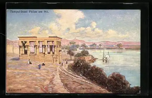 Künstler-AK Alexander Kircher: Philae, Tempelinsel Philae am Nil
