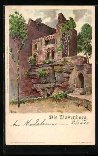 Künstler-Lithographie Franz Xaver Hoch: Niederbronn-les-Bains, Partie an der Ruine Wasenburg