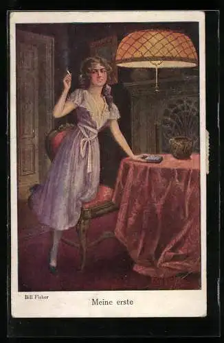 Künstler-AK Bill Fisher: Frau bei ihrer ersten Zigarette