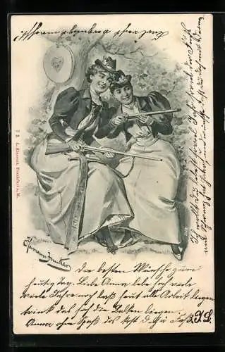 Künstler-AK H. Junker: Lachende Frauen mit Gewehren