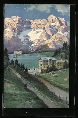 Künstler-AK Rudolf Alfred Höger: Misurina, See mit Bergkette am Morgen