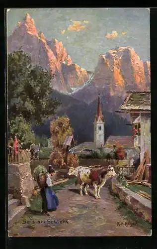 Künstler-AK Rudolf Alfred Höger: Seis am Schlern, Ortspartie mit Kirche