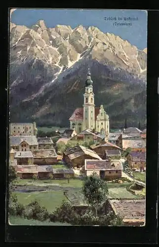 Künstler-AK Rudolf Alfred Höger: Toblach i. Pustertal, Ortsansicht mit Kirche