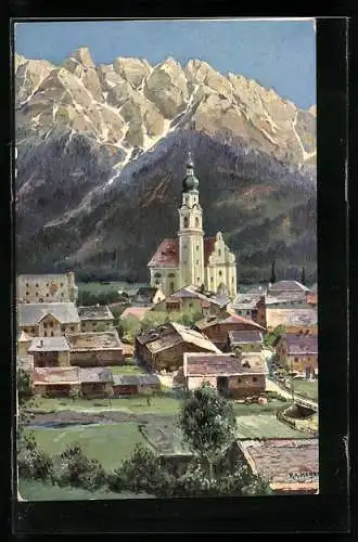 Künstler-AK Rudolf Alfred Höger: Toblach i. Pustertal, Ortsansicht mit Kirche