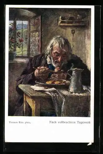 Künstler-AK Thomas Riss: Mann in der Stube bei seiner Mahlzeit