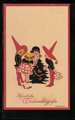 Künstler-AK Kerckhoff: Kinder um den Weihnachtsbaum herum