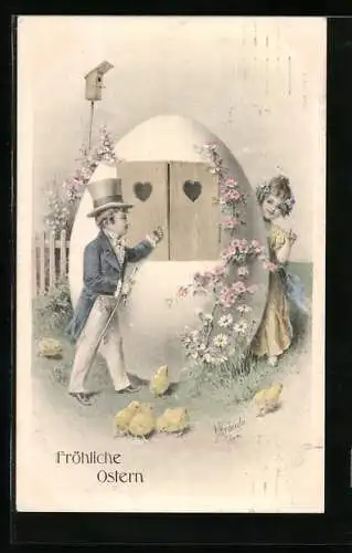 Künstler-AK Kränzle: Boldog húsvéti ünnepeket!, Ostergruss, Liebespaar an riesigen Osterei
