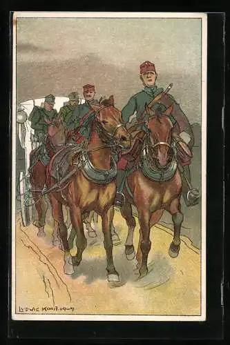 Künstler-AK Ludwig Koch: Soldaten zu Pferde mit Kutsche