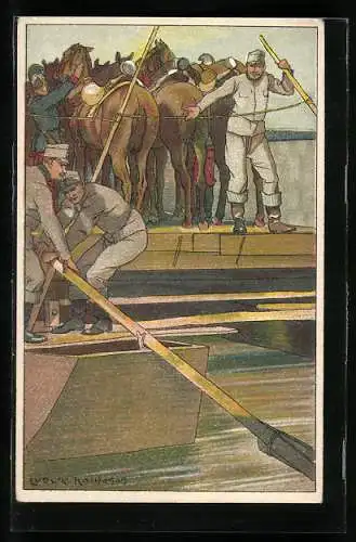 Künstler-AK Ludwig Koch: Soldaten beim Übersetzen mit dem Boot, Pferde