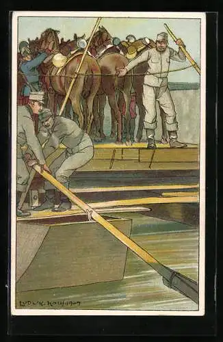 Künstler-AK Ludwig Koch: Soldaten beim Übersetzen mit dem Boot, Pferde