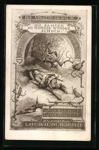 Künstler-AK Max Kuglmayr: In der Heimat, da gibt`s ein Wiedersehn, Soldat im Wald