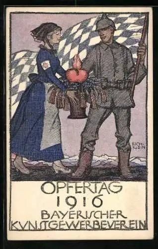 Künstler-AK Richard Klein: Rotkreuz-Schwester übergibt flammendes Herz, Opfertag des Bayer. Kunstgewerbevereins 1916