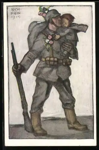 Künstler-AK Richard Klein: Deutscher Krieger mit Kind auf dem Arm