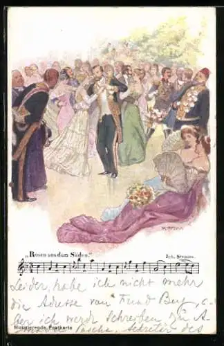 Künstler-AK Adolf Karpellus: Rosen aus dem Süden, Lied mit Noten, Joh. Strauss, Tanzende Paare