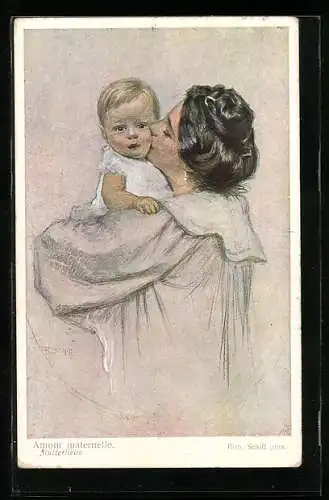 Künstler-AK Robert Schiff: Mutterliebe, Mutter küsst ihr Kind