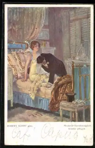 Künstler-AK Robert Schiff: Modere Barmherzigkeit, Mann pflegt seine Liebste am Bett