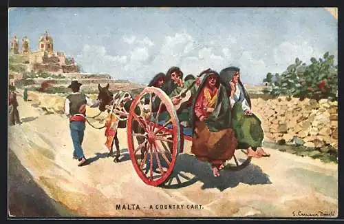 AK Malta, Frauen und Männer hinter Eselgespann