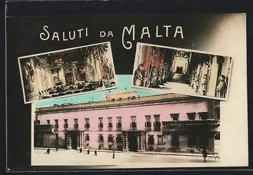 AK Malta, Gebäude mit Saal mit Wandgemälden und langem Gang mit Rüstungen