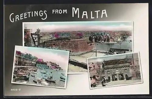 AK Malta, Hafenpanorama von Festung aus, Stadttor