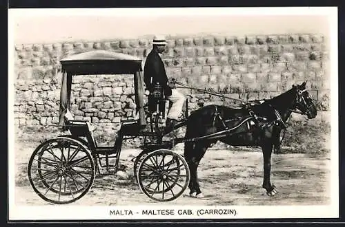 AK Malta, Maltese Cab, Carrozin, Pferdekutsche mit Kutscher