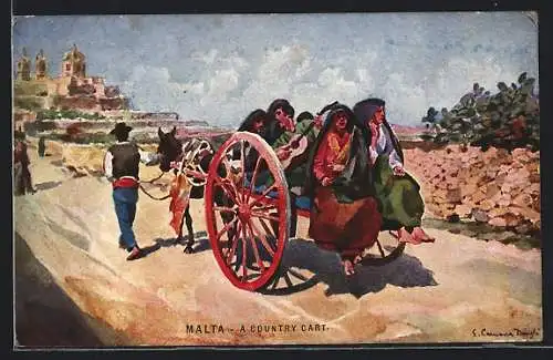 AK Malta, Frauen und Männer hinter Eselgespann
