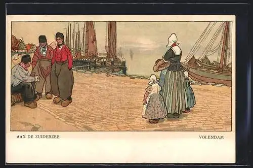 AK Volendam, Aan de Zuiderzee, niederländische Männer und Frau mit Kindern am Hafen